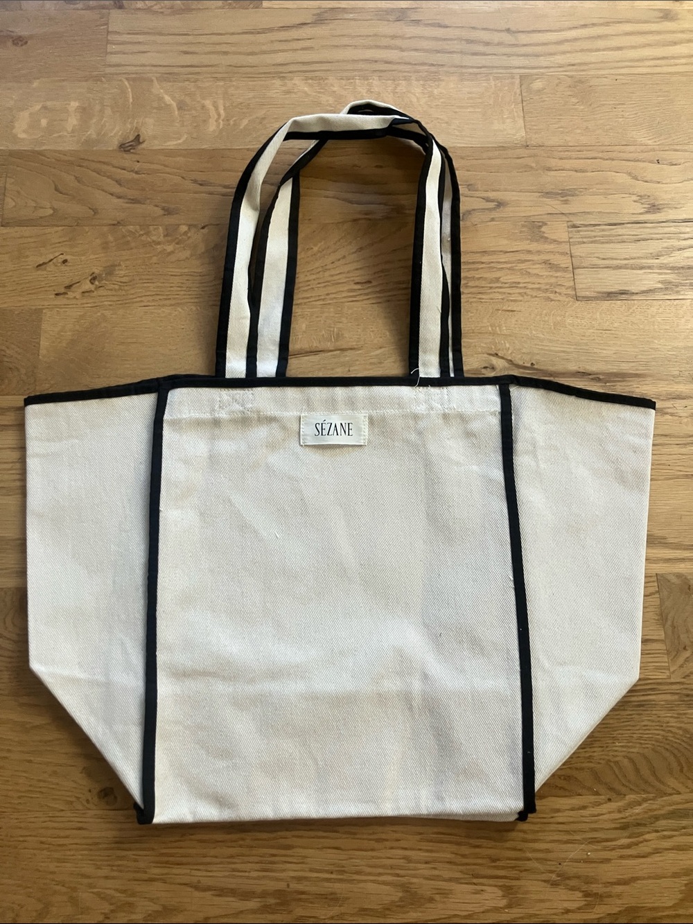 Sezane Cream Canvas Tote with Black Trim
